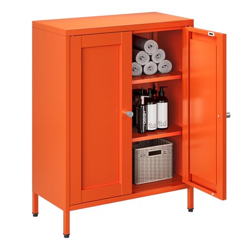 Bevivog Small Bathroom Storage Cabinet, Orange Metal Locker with 2 Doors and 2 Adjustable Shelves, Small Locker Cabinet Sideboard for Home Office, Living Room, Hallway, Entryway Bevivog