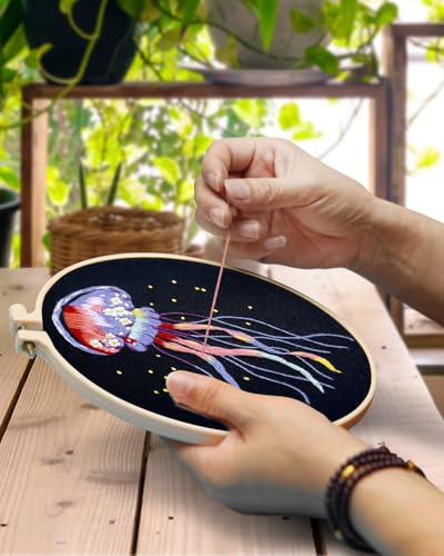 TINDTOP Embroidery Kit for Adults, 5 Sets Jellyfish Embroidery Kit for Beginners Include Embroidery Cloth Hoops Threads for Craft Lover Hand Stitch with Embroidery Skill Techniques TINDTOP