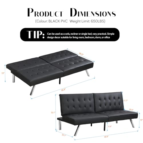 Anwick Sofa Bed, Modern Convertible Folding Futon Couch, Adjustable Sleeper Sofa Bed, Upholstered in Faux Leather for Living Room, Apartment, or Office (Black Leather) Anwick