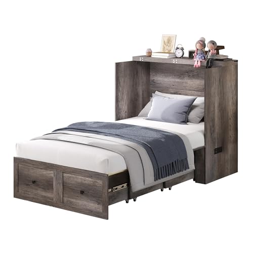 LUXOAK Twin Murphy Bed with Built-in Charging Station and Storage Drawer, Farmhouse Foldable Cabinet Bed for Guest Room, Apartment or Home Office, Rustic Grey LUXOAK