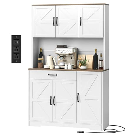 GRUSIGN 71" Pantry Cabinet with Charging Station, Large Capacity Kitchen Hutch Storage Cabinet, Kitchen Cabinet with Microwave Stand, Storage Drawers & Adjustable Shelves for Dining Room, White GRUSIGN