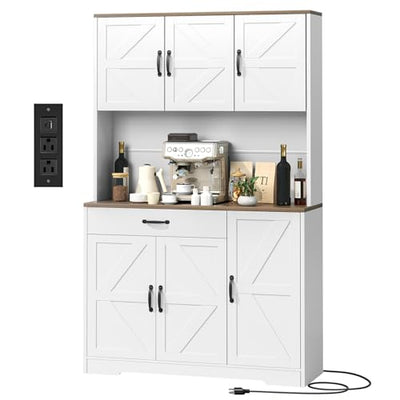GRUSIGN 71" Pantry Cabinet with Charging Station, Large Capacity Kitchen Hutch Storage Cabinet, Kitchen Cabinet with Microwave Stand, Storage Drawers & Adjustable Shelves for Dining Room, White