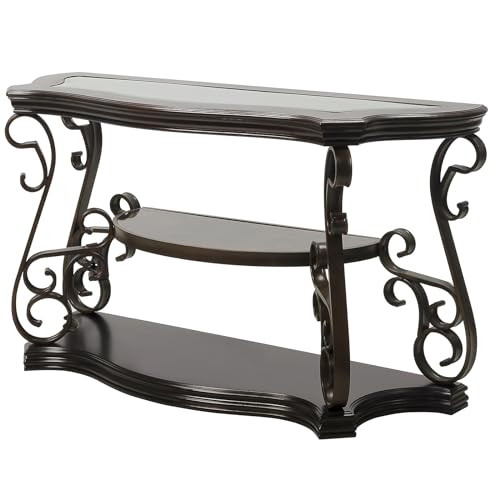 HomVent Vintage Console Table with Glass Top and Scrollwork Metal Legs,Mid-centruy Dark Brown Entryway Table Sofa Side Tables Narrow Tables HomVent