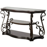 HomVent Vintage Console Table with Glass Top and Scrollwork Metal Legs,Mid-centruy Dark Brown Entryway Table Sofa Side Tables Narrow Tables HomVent