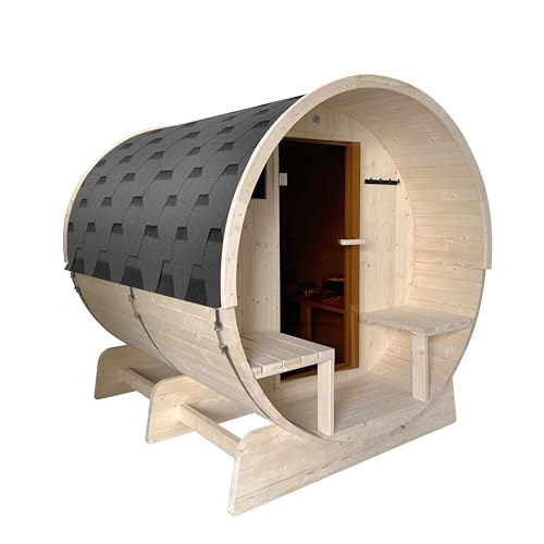 ALEKO Barrel Sauna | Personal Dry Wet Steam Sauna | Indoor Outdoor | White Finland Pine w/Front Porch Canopy | 6-8 Person | UL Certified 8 kW KIP Harvia Heater | - WoodArtSupply