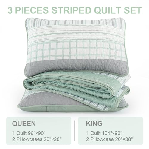 DJY Striped Quilt Set King Size, Sage Green Boho Bedspread Set 3 Pieces Patchwork Coverlet Bedding Set Lightweight Soft Microfiber for All Season (104"x90") DJY