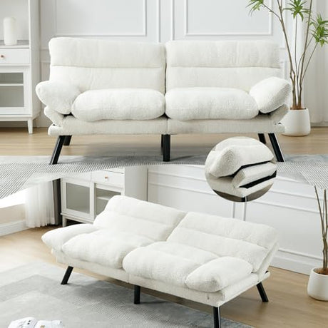70“Futon Sofa Bed, White Convertible Folding Futon Small Couch Breathable Small,Upholstered Double Loveseat Bed for Compact Living Studio in Room and Bedroom, Offices, Dorm (White Teddy Velvet) Klwenas Maec