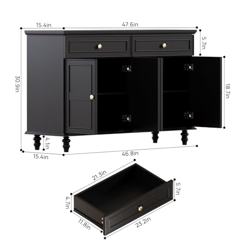 PROXRACER 47.6" Buffet Sideboard with 2 Drawers and 4 Doors, Wooden Kitchen Storage Cabinet with Adjustable Shelves, Rustic Top Console Table for Dining Room, Kitchen, or Entryway,Black PROXRACER