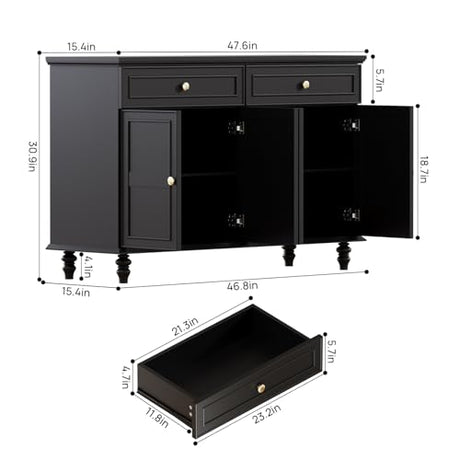 PROXRACER 47.6" Buffet Sideboard with 2 Drawers and 4 Doors, Wooden Kitchen Storage Cabinet with Adjustable Shelves, Rustic Top Console Table for Dining Room, Kitchen, or Entryway,Black PROXRACER