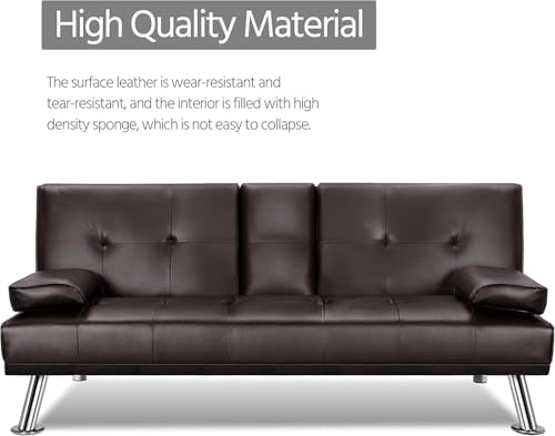 Futon Sofa Bed Modern Folding Couch for Small Space, Faux Leather Convertible Loveseat Sleeper Bed Daybed Recliner Lounge Sofas for Living Room,2 Cup Holders,Metal Legs,Removable Armrests (Brown) Anwick