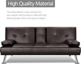 Futon Sofa Bed Modern Folding Couch for Small Space, Faux Leather Convertible Loveseat Sleeper Bed Daybed Recliner Lounge Sofas for Living Room,2 Cup Holders,Metal Legs,Removable Armrests (Brown) Anwick