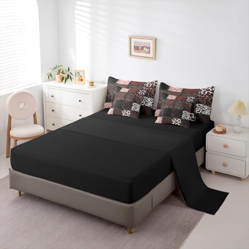 Brown Leopard Print 7 Pieces Bedding Set Queen Size,Animal Skin Texture Bed in a Bag,Patchwork Geometric Bed Set Includes Comforter,Sheet Set,Pillowcases & Pillow Covers,Farmhouse Bedroom Decor Erosebridal