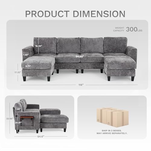 COLAMY 118" U-Shaped Sectional Couch, 4-Seat Modular Sofa with 2 Ottomans and Foldable Side Table, Grey for Living Room COLAMY