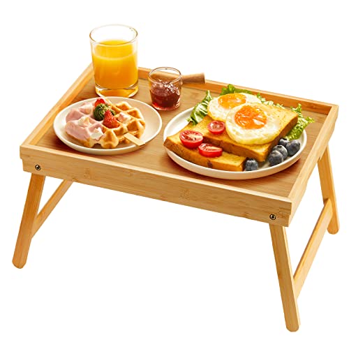 Bamboo Bed Tray Table with Foldable Legs, Breakfast Tray for Sofa, Bed, Eating, Working, Used As Laptop Desk Snack Tray by Pipishell - WoodArtSupply