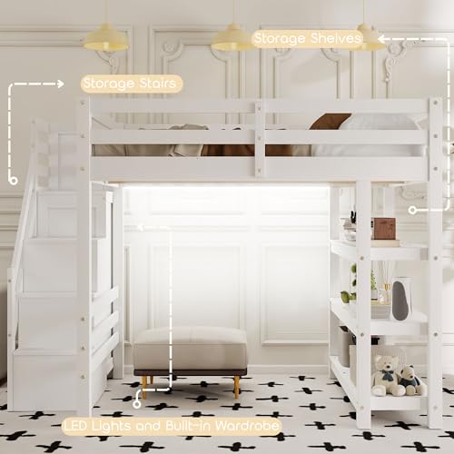 Harper & Bright Designs Full Size Loft Bed with Stairs and LED Lights, Wood Full Loft Bed with Storage Shelves and Wardrobe, Loft Bed Frame with Guardrails for Kids Girls Boys, White Harper & Bright Designs