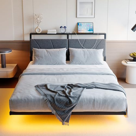 HOJINLINERO Floating Full Size Bed Frame with Headboard&Storage Shelf,Ergonomic Full Bed Frames with USB Charging&LED Lights,Platform Bed Frame Noise-Free Metal Slats | Modern Bedroom Design HOJINLINERO