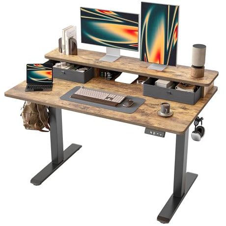 TIQLAB Standing Desk with Two Drawers, Stand Up Standing Desk Adjustable Height, Electric Sit Stand Table with Storage Shelf and Splice Board, 48 * 24 inch, Rustic Brown TIQLAB