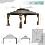Domi Hardtop Gazebo 12x16FT, Outdoor Gazebo with Galvanized Steel Double Roof, Aluminum Frame, Built-in Gutter System, Curtain and Netting, Metal Gazebo Pavilion for Patio Deck Garden, Brown domi outdoor living