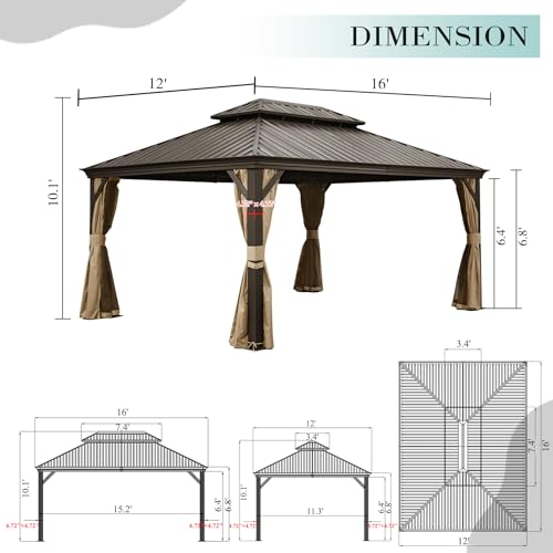 Domi Hardtop Gazebo 12x16FT, Outdoor Gazebo with Galvanized Steel Double Roof, Aluminum Frame, Built-in Gutter System, Curtain and Netting, Metal Gazebo Pavilion for Patio Deck Garden, Brown - WoodArtSupply