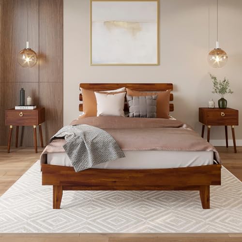 Bme Caden 15-Inch Adjustable Dark Chocolate Bed Frame - Mid Century Modern Design with Solid Acacia Wood Bme