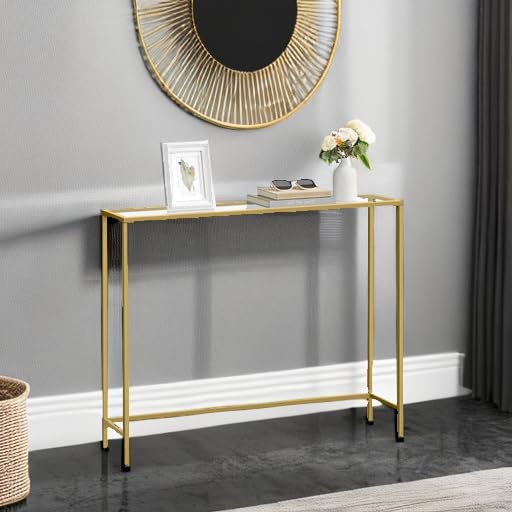 VASAGLE Entryway Table, Console Table, Tempered Glass Tabletop, Modern Sofa Table, Easy Assembly, with Adjustable Feet, for Living Room, Entryway, Pale Gold and Transparent ULGT132A01 VASAGLE
