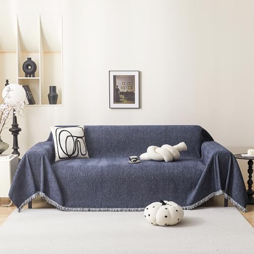MEETSKY Washable Sofa Cover Navy Blue Sectional Couch Covers for 2 Cushion Couch Sofa Thick Universal Chenille Sofa Covers with Tassel Furniture Protector for Dogs, 71"x 102" MEETSKY