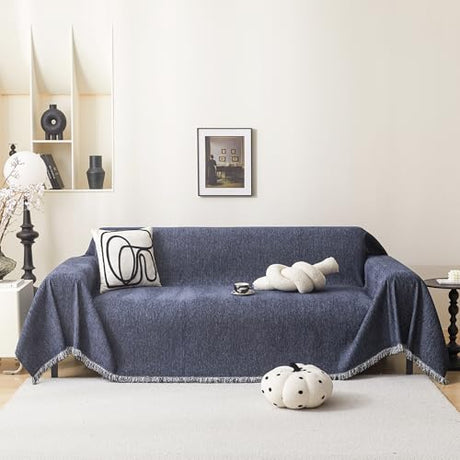 MEETSKY Washable Sofa Cover Navy Blue Sectional Couch Covers for 2 Cushion Couch Sofa Thick Universal Chenille Sofa Covers with Tassel Furniture Protector for Dogs, 71"x 102" MEETSKY