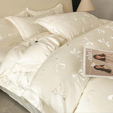 Nayoroom Bow Duvet Cover Queen Size Cooling Duvet Cover for Hot Sleepers 3 Pieces Elegant Cream White Satin Jacquard Breathable Bedding Set with Zipper Closure, Girls Dorm Bedding Nayoroom