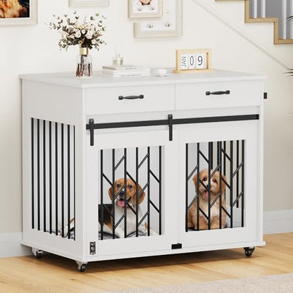 YITAHOME Dog Kennel Furniture for 2 Dogs, 39 inch Double Dog Crate with Storage Drawers, Indoor Wooden Dog House Heavy Duty for 2 Small Medium Dogs, White - WoodArtSupply