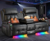 Home Theater Seating, Power Loveseat Recliner Sofa with Massage & Heating, Wall Hugger RV Couch with LED Lights & Built-in Speakers, Flip Backrest, Drawer, USB & Type-C Charging, Cup Holders, Pillows