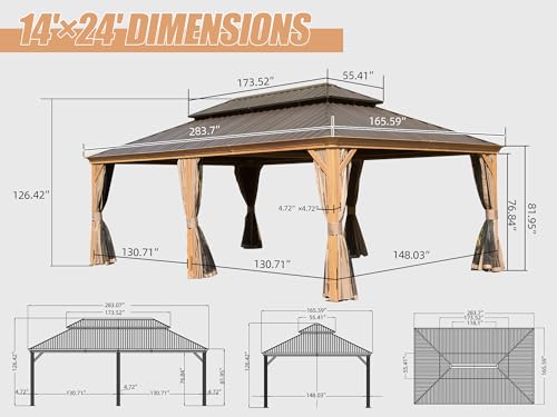 Domi 14x24FT Hardtop Gazebo, Permanent Wood Grain Metal Gazebo with Galvanized Steel Double Roof and Aluminum Frame, Curtain and Netting, Large Pavilion Gazebo, Wood Looking - WoodArtSupply