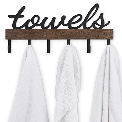 Dahey Towel Rack with 6 Hooks, Towel Holder Wall Mount Bathroom Organizer Rustic Farmhouse Home Decor Towel Hanger Storage Hooks for Towel, Robe, Bag, Black - WoodArtSupply