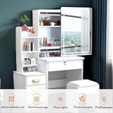 MONGMON Vanity Desk with Mirror and Lights, 3 Lighting Modes, European Style Dressing Table with Drawers, with Open Storage Shelves,Makeup Vanity Table for Bedroom,Gifts for Girls and Women, White MONGMON