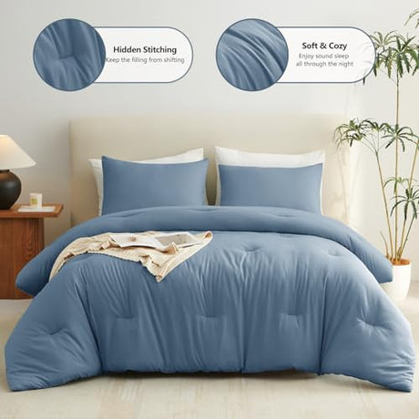 CozyLux Grayish Blue Queen Comforter Set, 3 Pieces Dusty Blue Solid Breathable Quilted Bedding Sets, Luxury Soft Fluffy Bed Set with Down Alternative Comforter All Season (1 Comforter & 2 Pillowcases) CozyLux