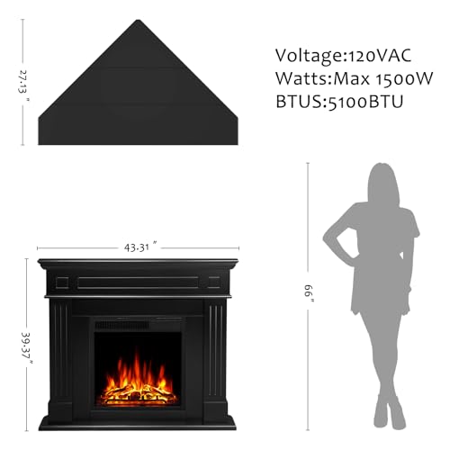 44" Corner Electric Fireplace with Mantel Package Freestanding Fireplace Heater Corner Firebox with Log & Remote Control,750-1500W,Black Xbeauty