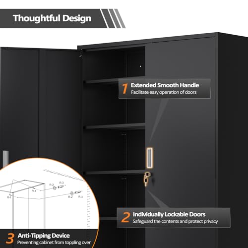 VINGLI Large Metal Storage Cabinet with 2 Doors and 5 Adjustable Shelves, Upgraded Height & Wide & Deep, 43''W x 20''D x 72''H, Oversized Garage Storage Cabinet with Wheels and Locks (Black) VINGLI