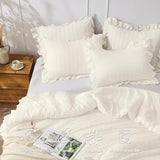 JOLLYVOGUE Ivory Queen Comforter Set, 3 Pieces Seersucker Comforters Queen Size, Lightweight & Fluffy Bedding Sets Queen for All Season with 1 Ruffle Comforter and 2 Ruffle Pillowshams JOLLYVOGUE