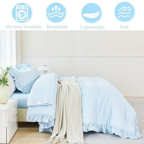 ANGIYUIN 5Pcs Queen Size Comforter Sets Light Blue Ruffle Bedding Sets Vintage Farmhouse Bed Sets Solid Elegance Boho Bed in A Bag for Girls Women（Light Blue Queen） ANGIYUIN