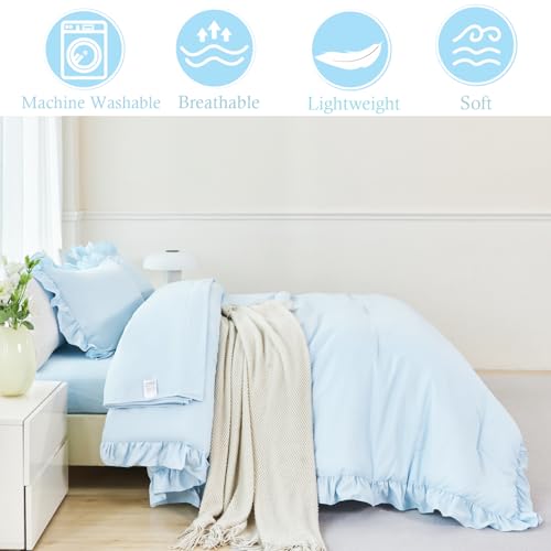 ANGIYUIN Light Blue Ruffle Girls Comforter Set Twin Size 5 Pieces Ruffled Farmhouse Bed in A Bag Solid Boho Bedding Comforter Sets Soft Fluffy Bed Sets for Kids Girl(Light Blue Twin) ANGIYUIN