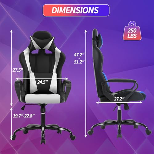 Gaming Chair Office Chair High-Back Ergonomic Video Game Chairs for Kids Teen Adult Height Adjustable Reclining Computer Chair with Lumbar Support Armrest Headrest Game Chair - White BSTOPHKL