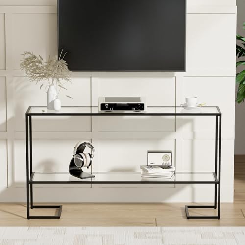 Cozy Castle 52" Entryway Table, 2-Tier Narrow Console Table, Tempered Glass Sofa Table with Metal Frame, Entry Table with Shelves, Console Tables for Entryway, Hallway, Foyer, Living Room, Black Cozy Castle
