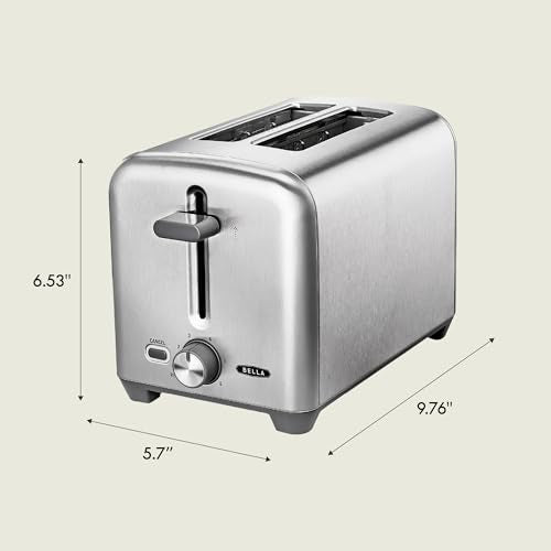 bella Stainless Steel 2 Slice Toaster with Extra Wide Slots & Removable Crumb Tray, 6 Browning Options, Auto Shut Off & Reheat Function, Toast Bread, Bagel & Waffle BELLA