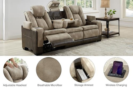 THSUPER Power Microfiber Reclining Sofa, Home Theater Seating Recliner Couch with Adjustable Headrest/Reading Light/USB Port/Storage Armrest/Drop Down Table for Living Room (Brown) THSUPER
