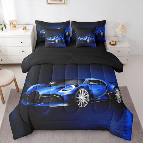 Feelyou Sports Car 7 Piece Bedding Set Blue Race Car Comforter Set with Sheets for Kids Boys Girls Extreme Sports Theme Bed in a Bag Cool Speed Luxury Car Decor Bed Set with 2 Pillowcases Full Feelyou