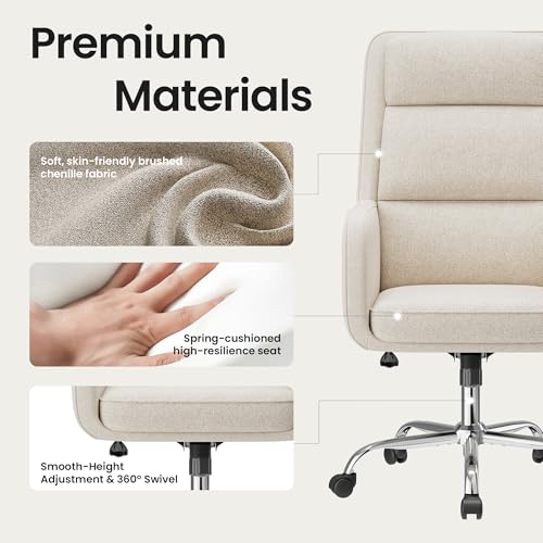 COLAMY Cocoon Modern Executive High Back Home Office Chair, Upholstered Desk Chair with Wheels, Vanity Chair with Head and Lumbar Support, Armrest (Beige) COLAMY