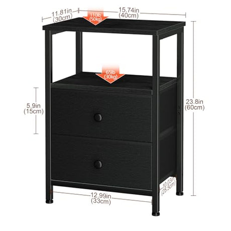 LOAKEKEL Night Stand Set 2, Bed Side Table with 2 Fabric Drawers, Nightstand with Open Storage Shelf for Bedroom, Small End Tables Living Room, Black, HETS002BK LOAKEKEL