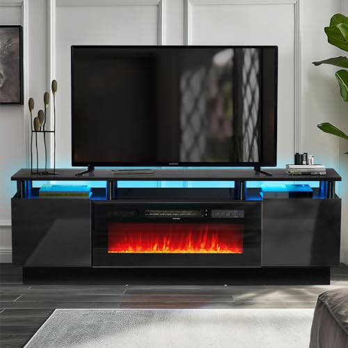 oneinmil 70" Modern Electric Fireplace TV Stand for TVs Up to 80 inch, with Electronic Flame and LED Lights, Luxury High Gloss Finish Entertainment Center, TV Console Cabinet for Living Room, - WoodArtSupply