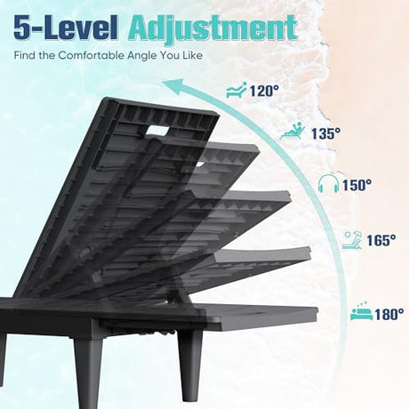 Devoko Outdoor Chaise Lounge Chair Set of 2 with 5-Position Adjustable Back, Waterproof & Lightweight PP Lounge Chairs for Outside Pool Patio (Black) Devoko