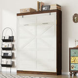 Hlivelood Full Size Murphy Bed with 2 LED Lights, Farmhouse Wood Hidden Foldable Wall Bed Frame w/Gas Struts, Storage Bed Cabinet for Bedroom, Office, Space-Saving, No Box Spring Needed, Rustic White Hlivelood