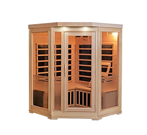 Heat Wave 3 Person Sauna Corner Fitting Infrared FIR FAR 7 Carbon Heaters Hemlock Wood MP3 Player 2 Speakers Color Therapy Light LED Control Panel - WoodArtSupply